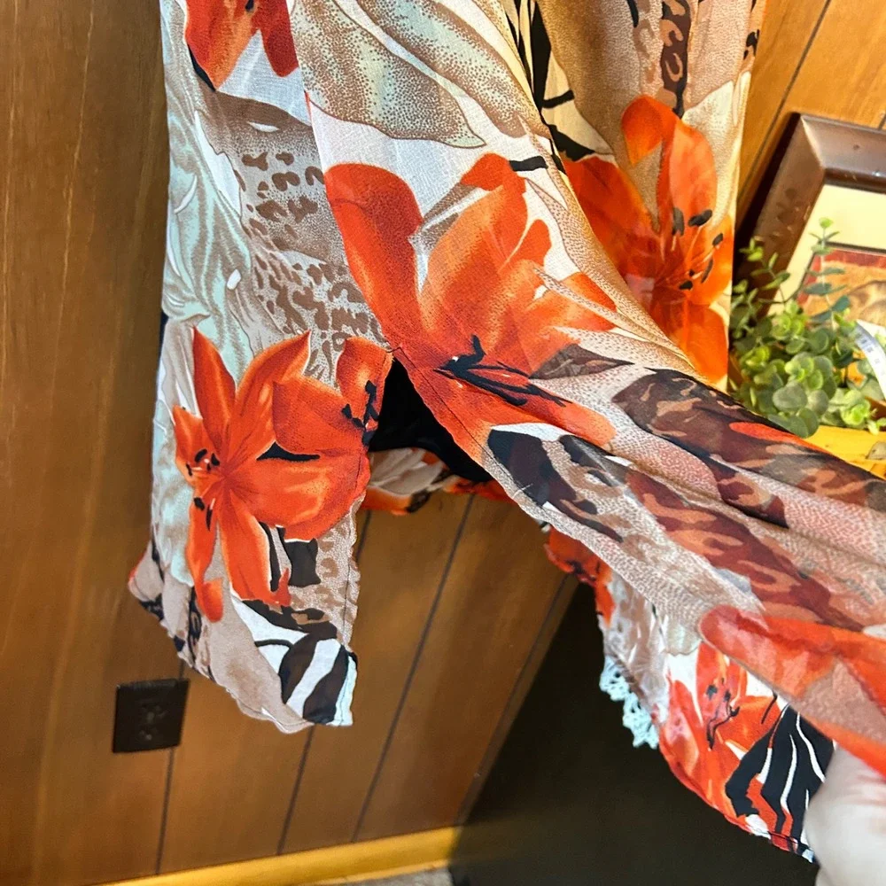 Jazzie Floral‎ Maxi Skirt L Orange Beige Brown Sheer Lined Retro Party Elegant